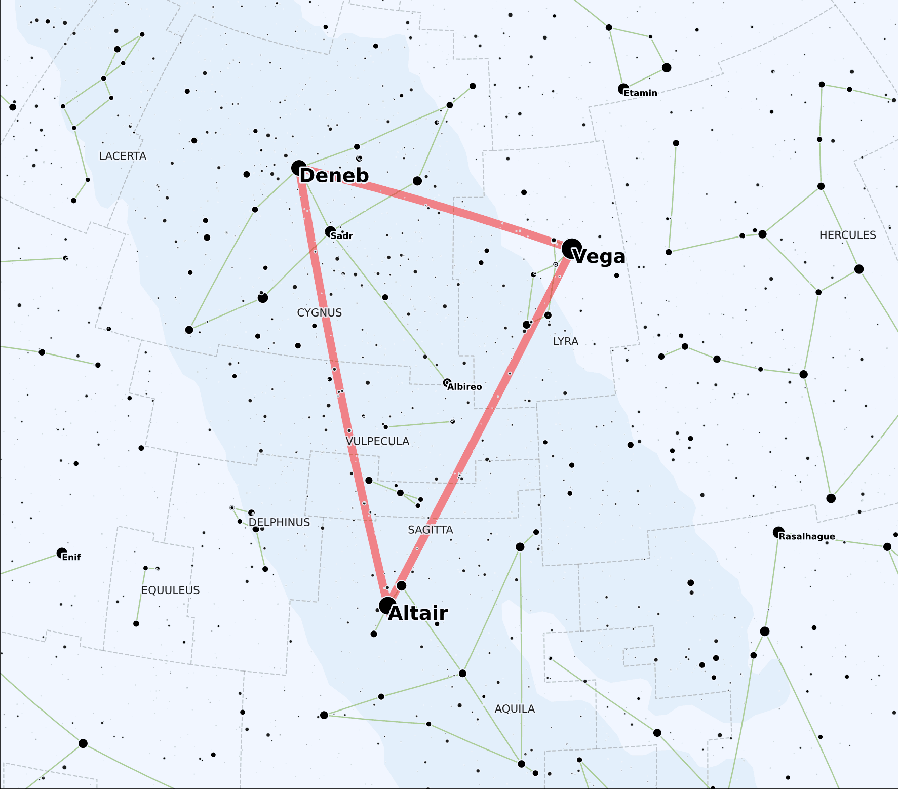Map of the Summer Triangle asterism with Vega, Deneb, and Altair